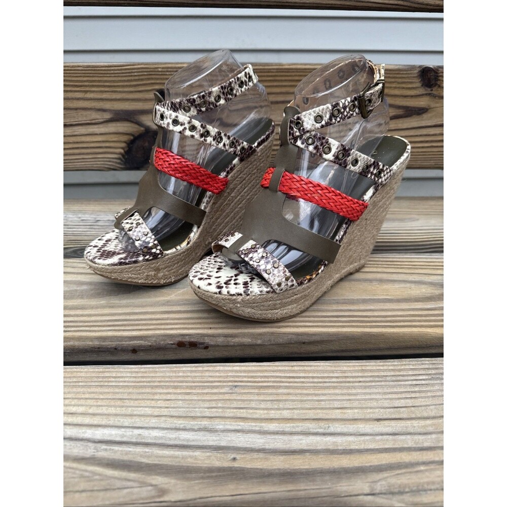 Platform Snakeskin Espadrille Sandals 5" Heel Sz 9 Mixed Media Red Contrast Aldo